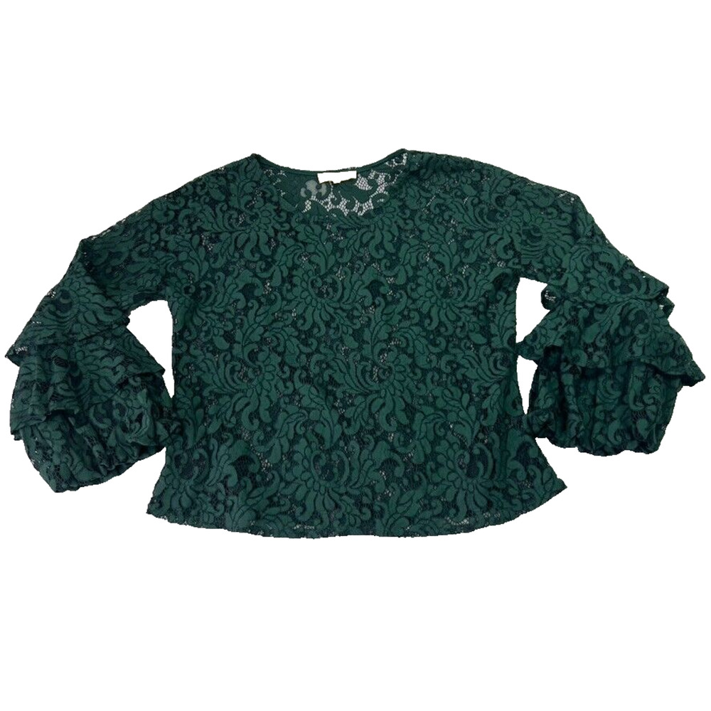 SOLITAIRE Blouse Top Womens M Green 2 Pc Peasant Lace Cami Liner Ruffle Sleeves